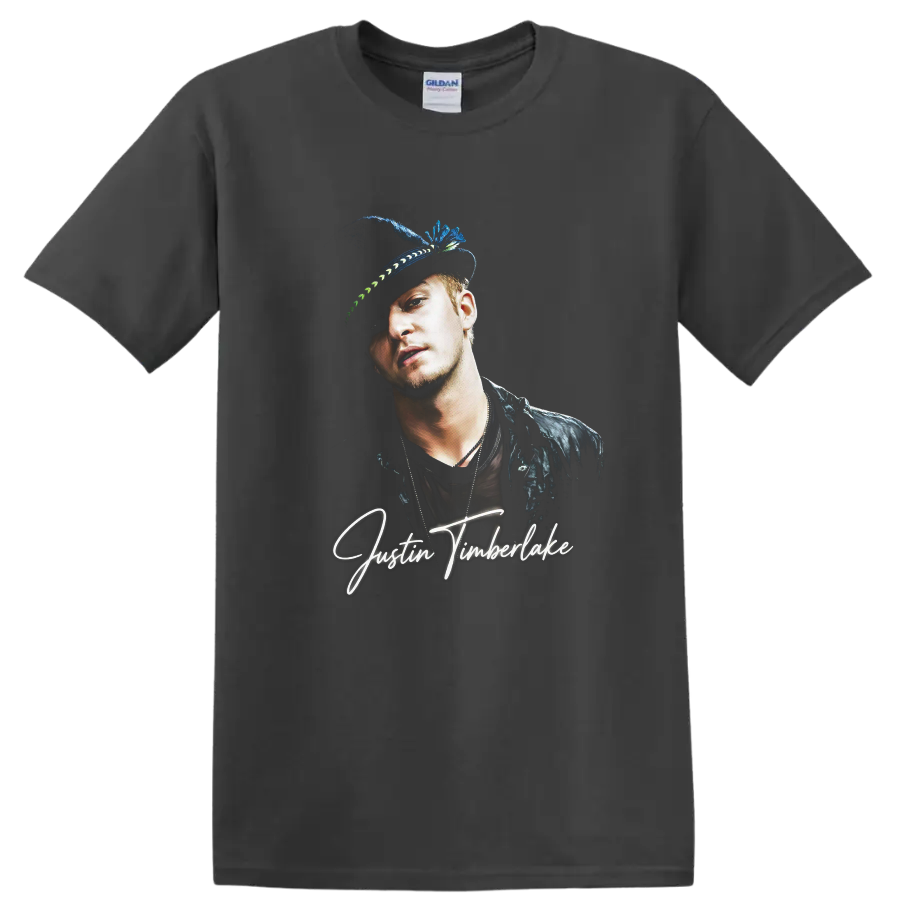 Justin Timberlake portrait graphic with white signature-style lettering on a Charcoal T Shirt
