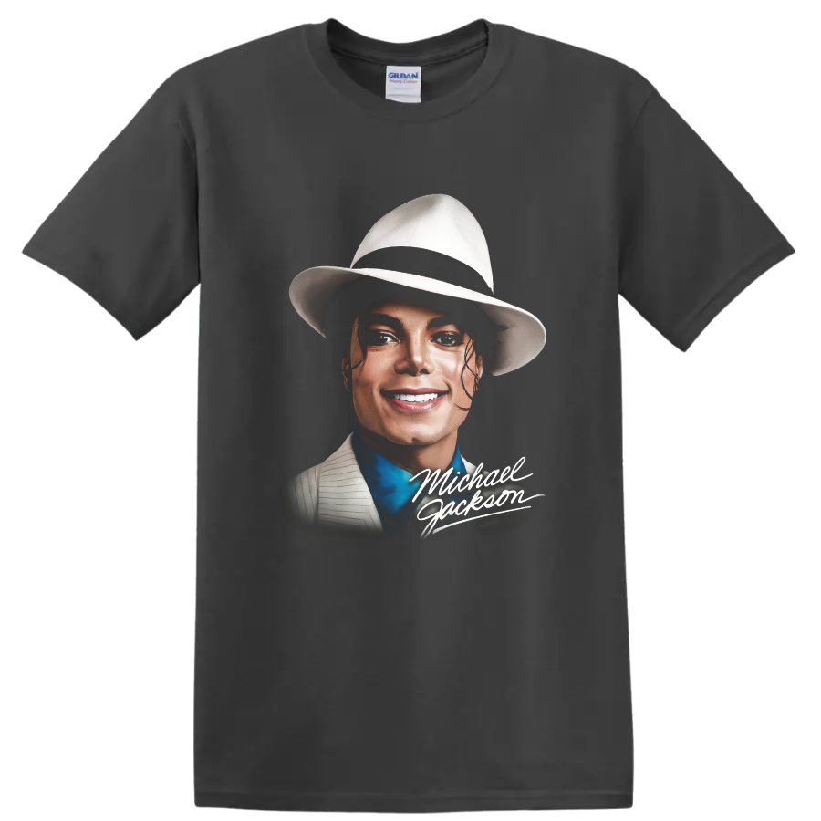 Michael Jackson Smooth Criminal pop art portrait with signature lettering on a Charcoal T Shirt