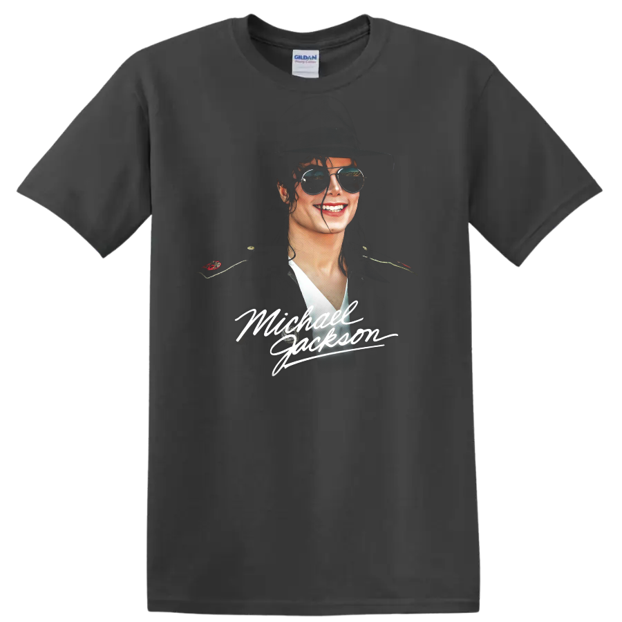 Michael Jackson portrait with fedora, sunglasses, and signature lettering on a Charcoal T Shirt