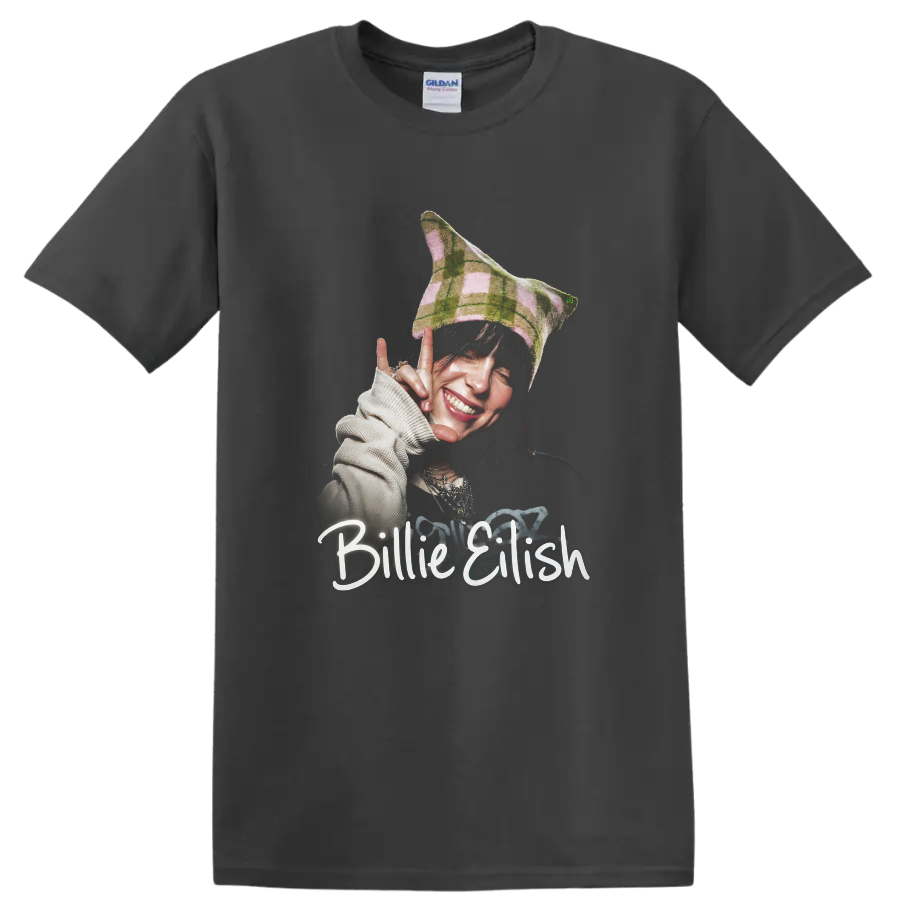 Billie Eilish smiling portrait with plaid hat and hand-lettered name on a Charcoal T Shirt