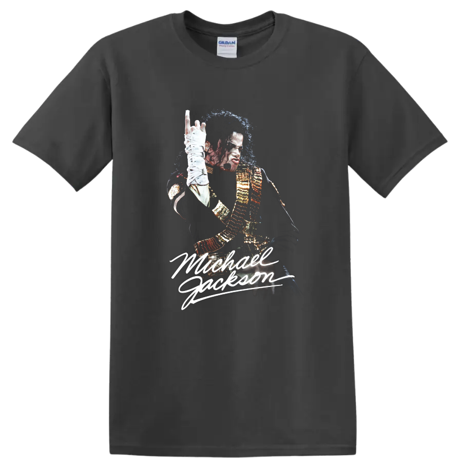 Michael Jackson Dangerous-era performance portrait fan art with signature lettering on a Charcoal T Shirt