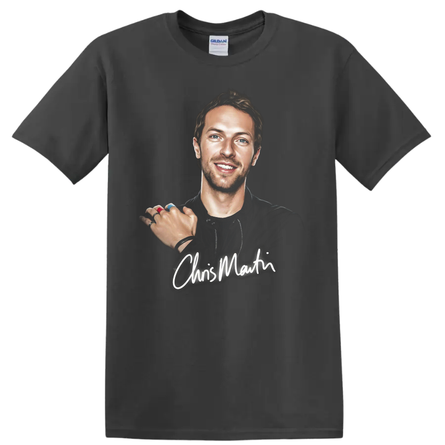 Chris Martin illustrated portrait with white signature-style script on a Charcoal T Shirt