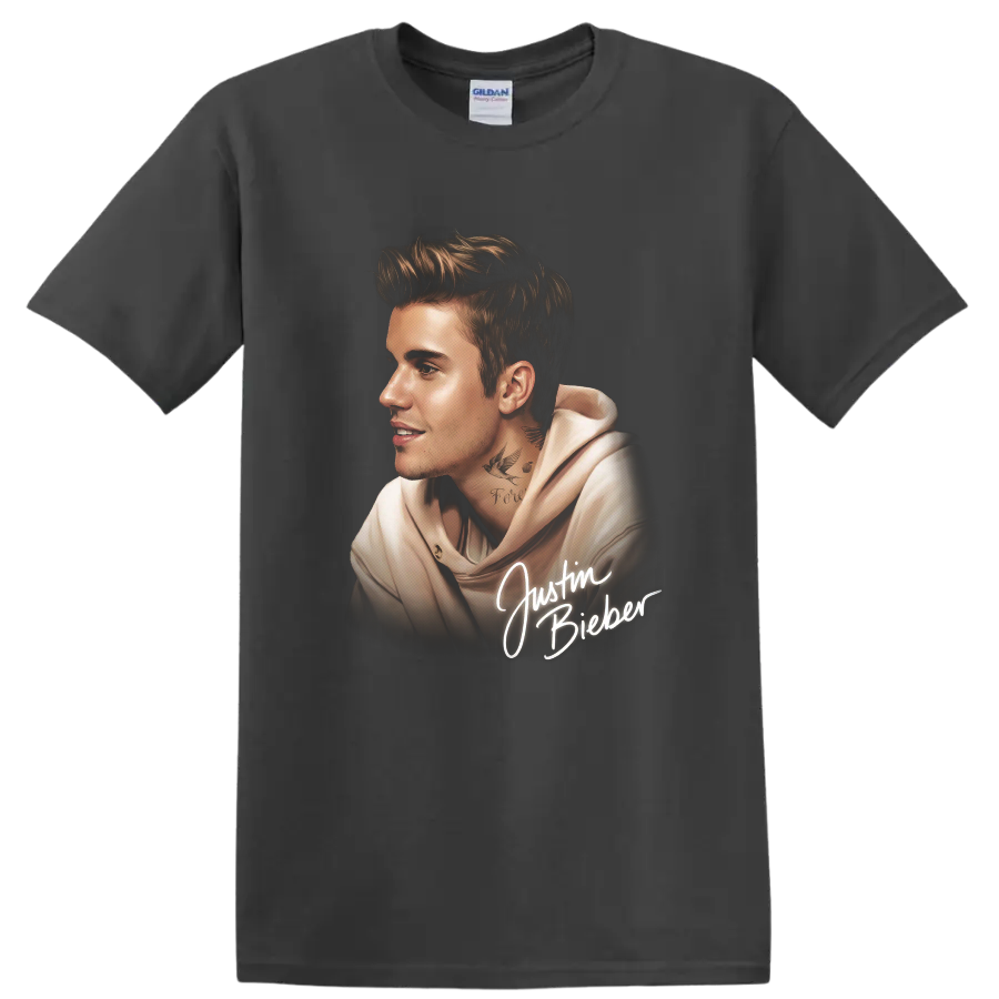 Justin Bieber side-profile portrait graphic with white script lettering on a Charcoal T Shirt