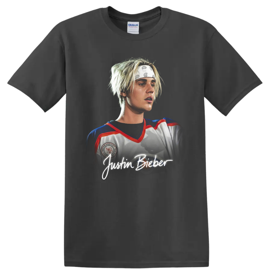 Justin Bieber portrait in hockey jersey with handwritten name graphic on a Charcoal T Shirt