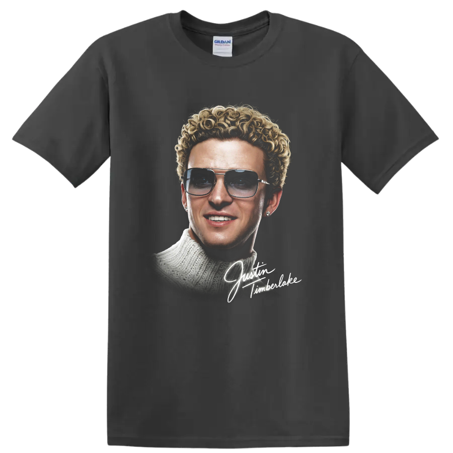 Justin Timberlake NSYNC portrait graphic with signature lettering on a Charcoal T Shirt