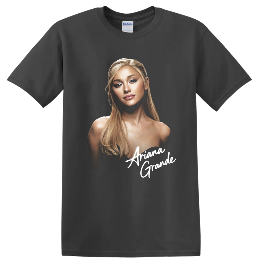 Ariana Grande digital portrait fan art with white script lettering on a Charcoal T Shirt