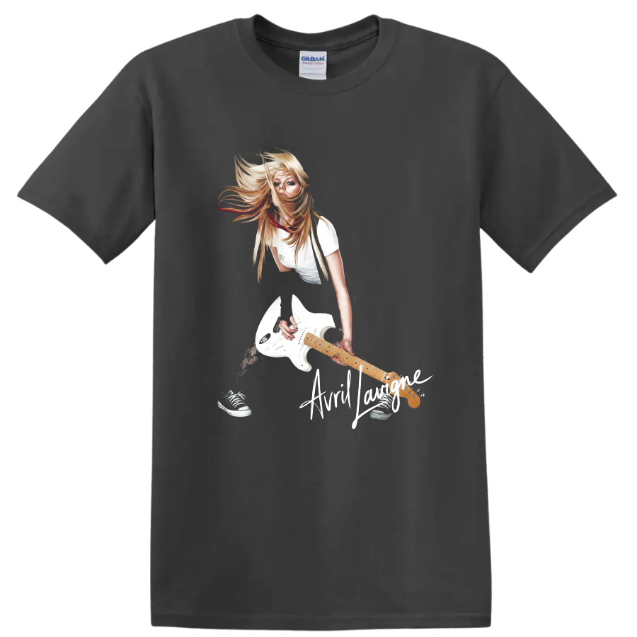 Avril Lavigne pop-punk guitarist with white electric guitar graphic on a Charcoal T Shirt