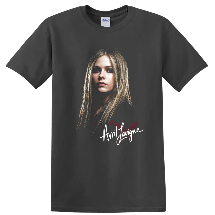 Avril Lavigne pop-punk portrait fan art with signature text on a Charcoal T Shirt