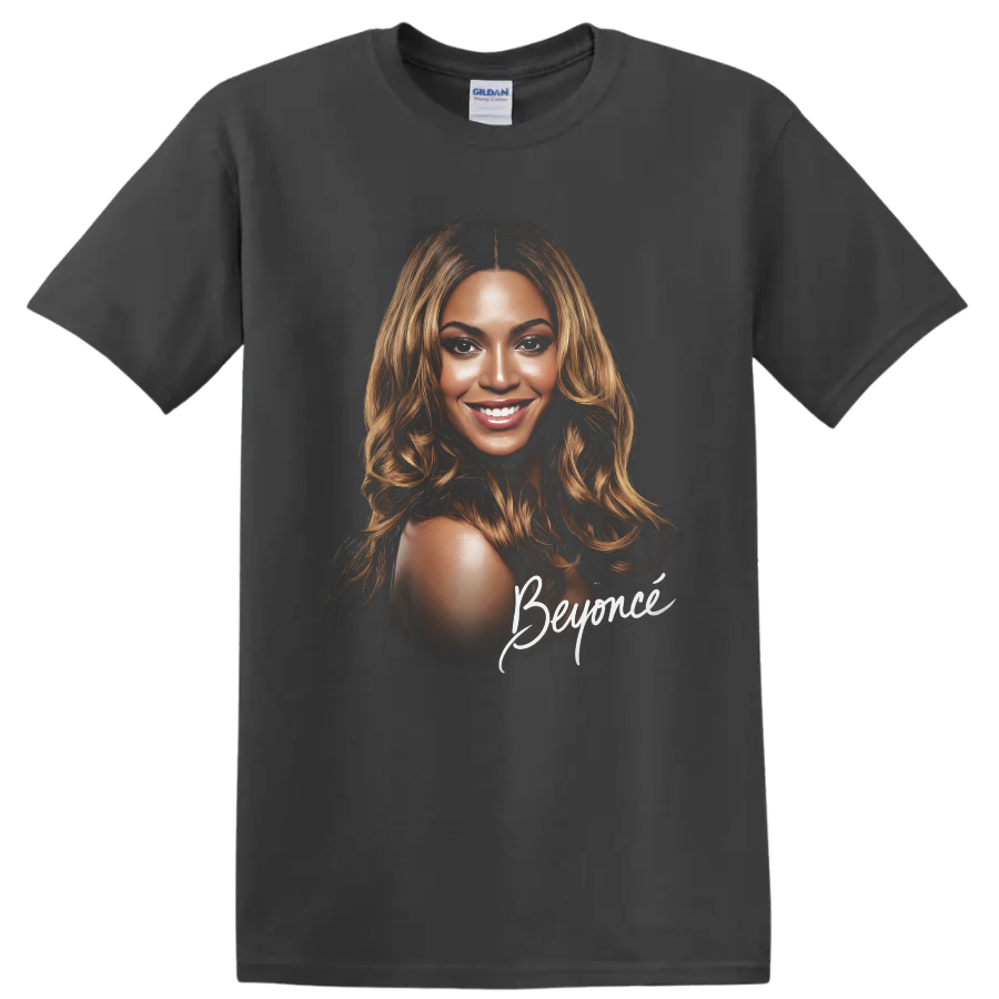 Beyoncé portrait fan art with signature-style lettering on a Charcoal T Shirt