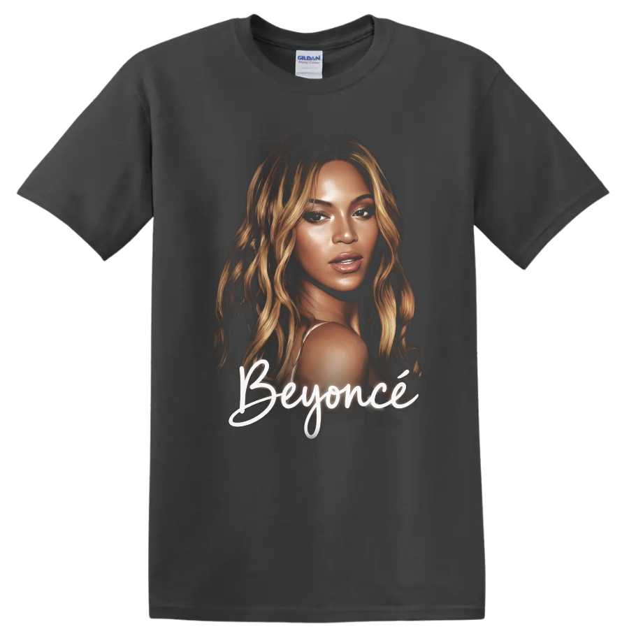 Beyoncé portrait graphic with white script lettering on a Charcoal T Shirt