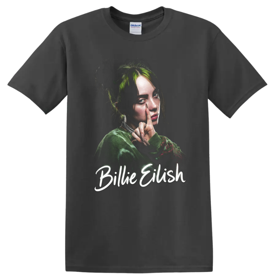 Billie Eilish portrait fan art with green hair and script lettering on a Charcoal T Shirt