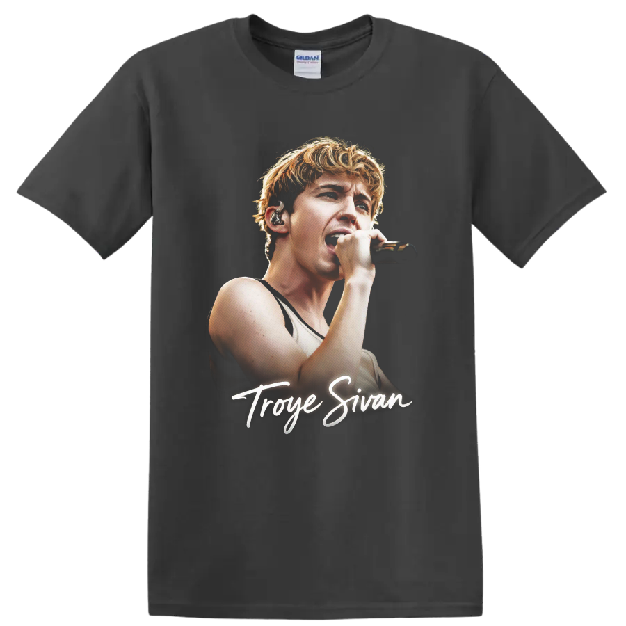 Troye Sivan singing into a microphone with signature script on a Charcoal T Shirt