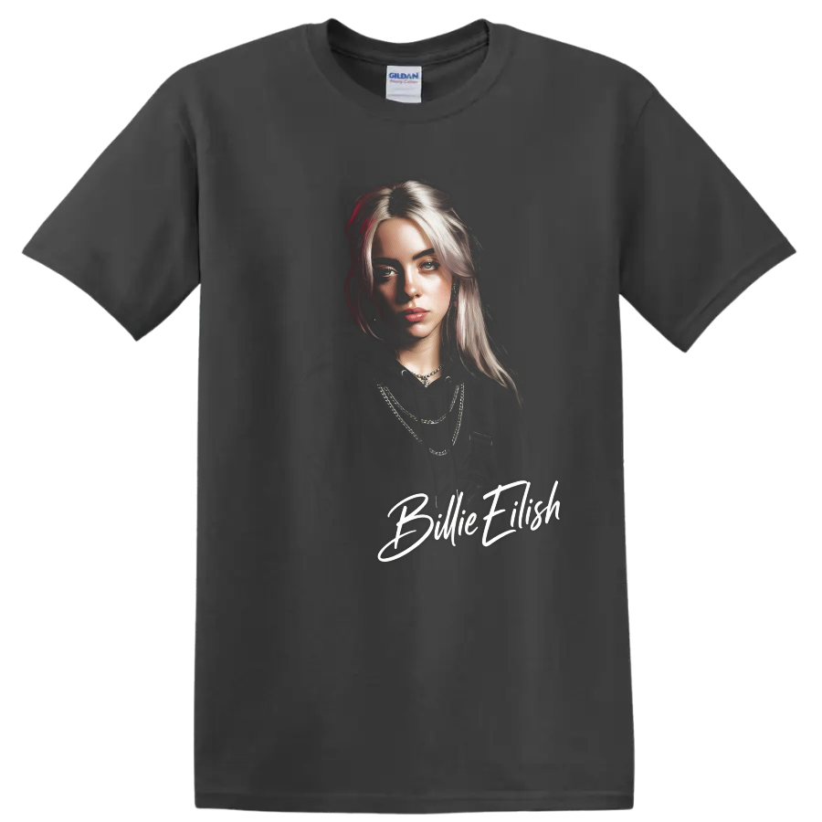 Billie Eilish portrait digital fan art with white script lettering on a Charcoal T Shirt