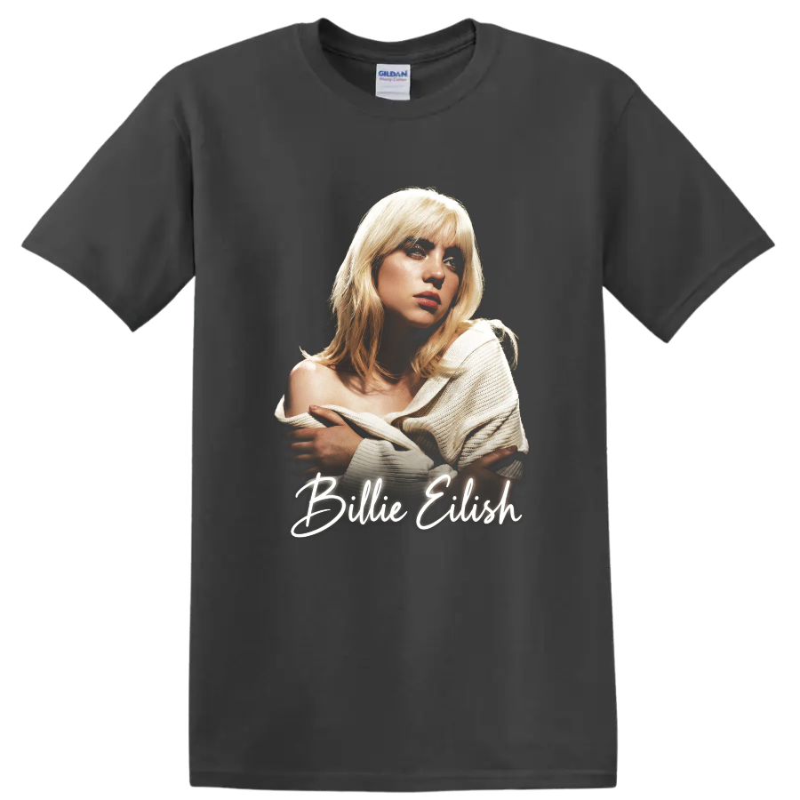 Billie Eilish pop-art portrait with handwritten name lettering on a Charcoal T Shirt