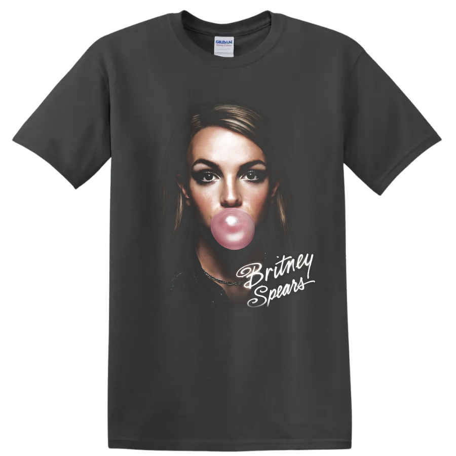 Britney Spears digital portrait with pink bubble gum and white script on a Charcoal T Shirt