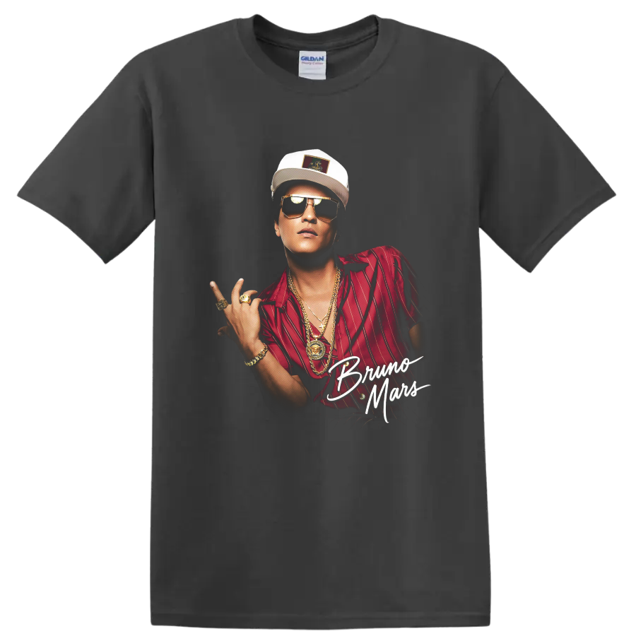 Bruno Mars portrait graphic with red shirt, sunglasses, and script text on a Charcoal T Shirt