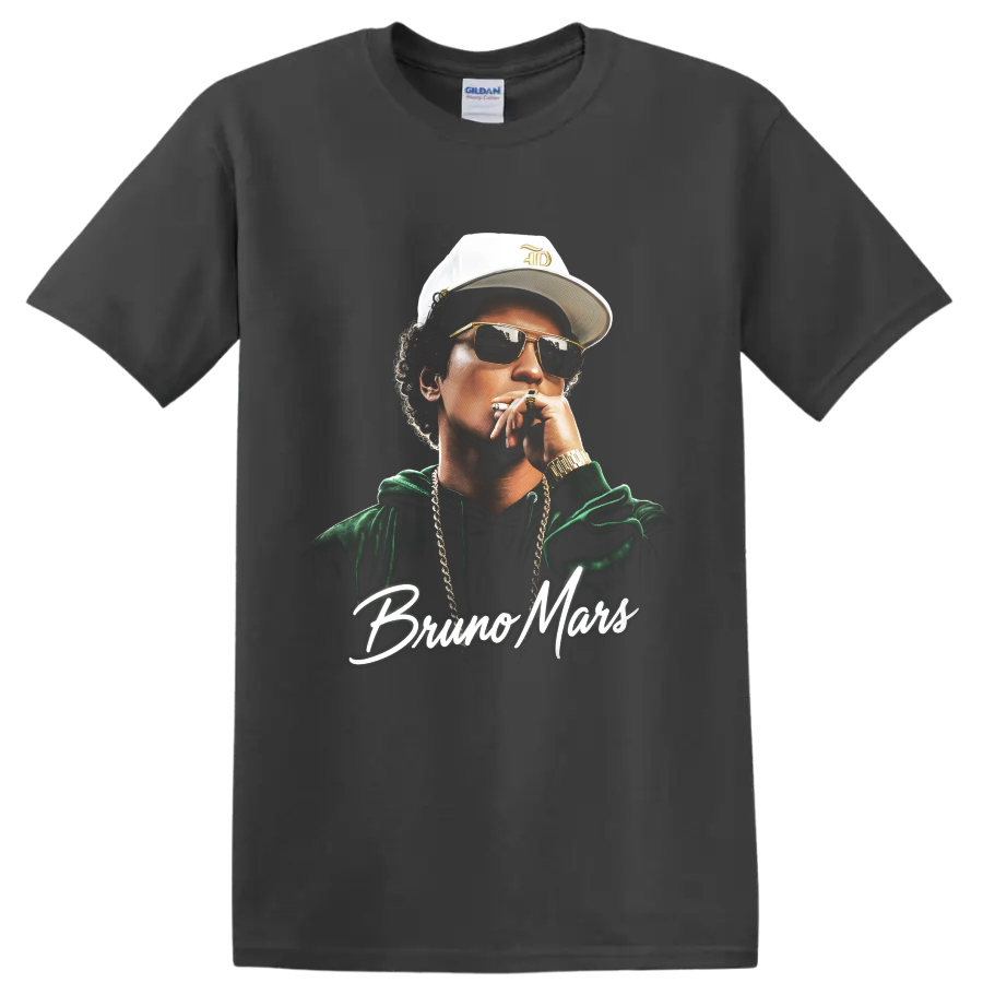 Bruno Mars pop-art portrait with sunglasses and script name lettering on a Charcoal T Shirt