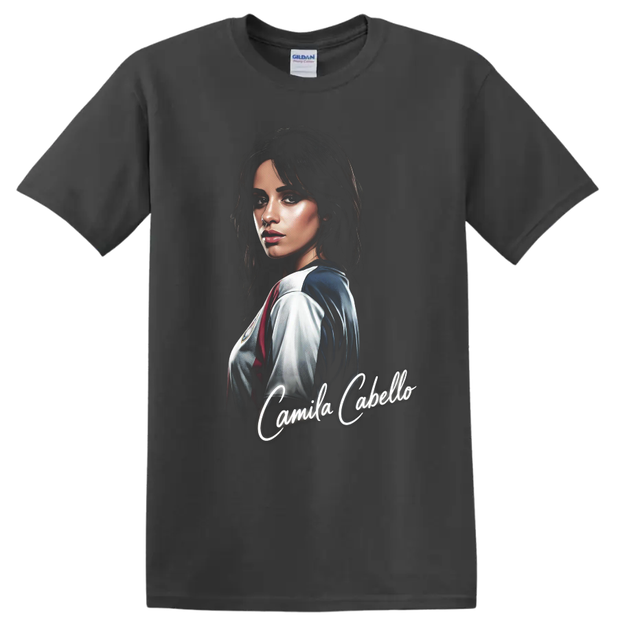 Camila Cabello illustrated portrait with glowing script name on a Charcoal T Shirt