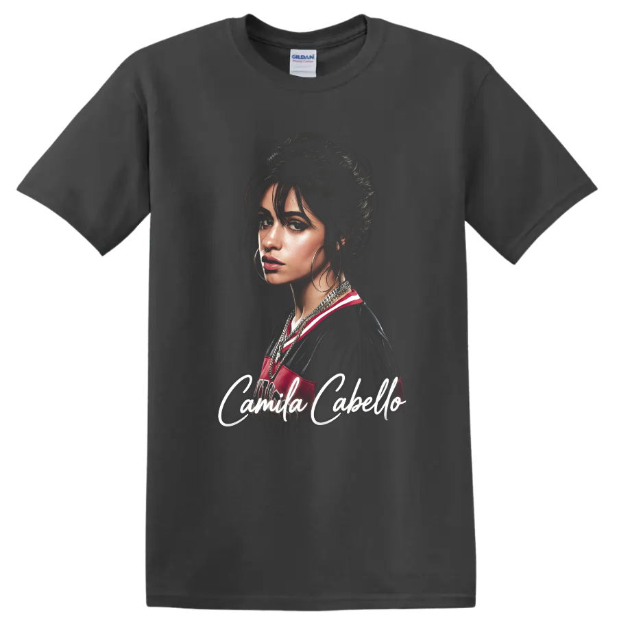 Camila Cabello digital fan portrait with white script lettering on a Charcoal T Shirt