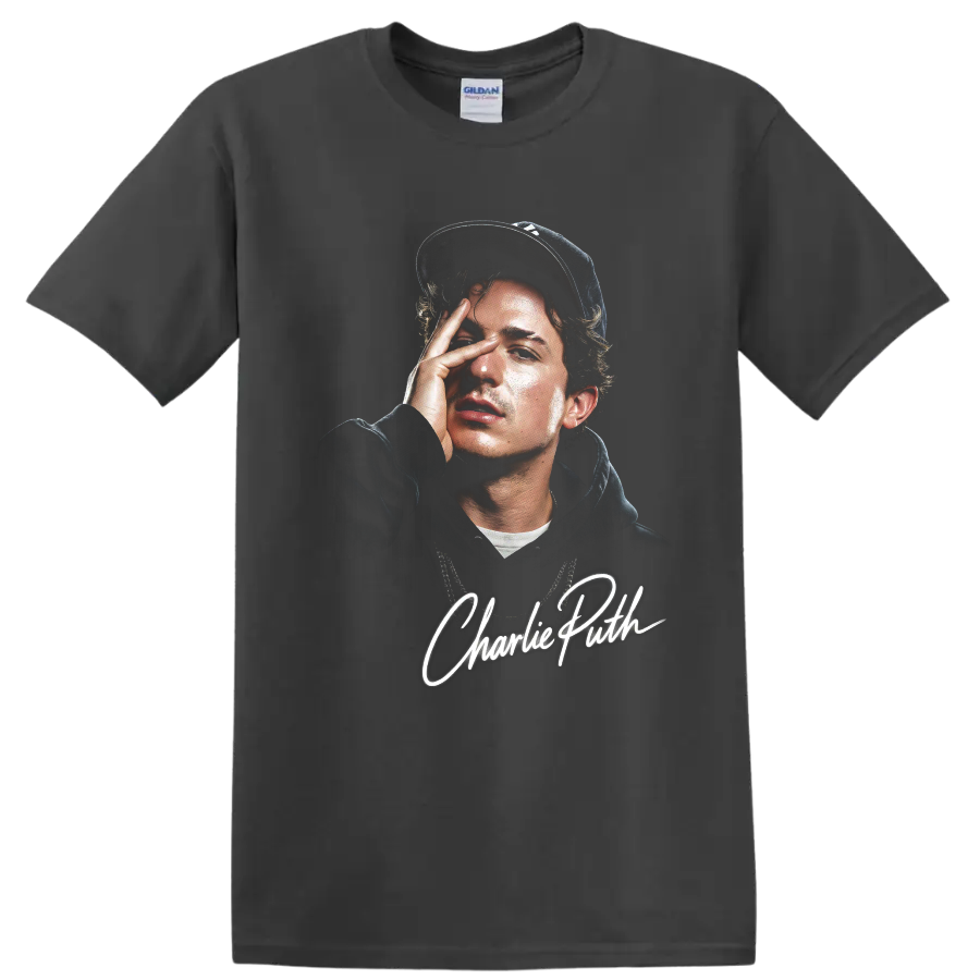 Charlie Puth digital portrait with white signature lettering on a Charcoal T Shirt