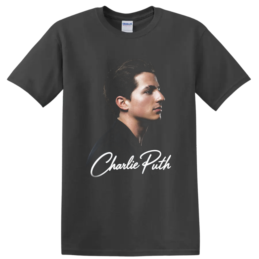 Charlie Puth side-profile portrait with white script lettering on a Charcoal T Shirt