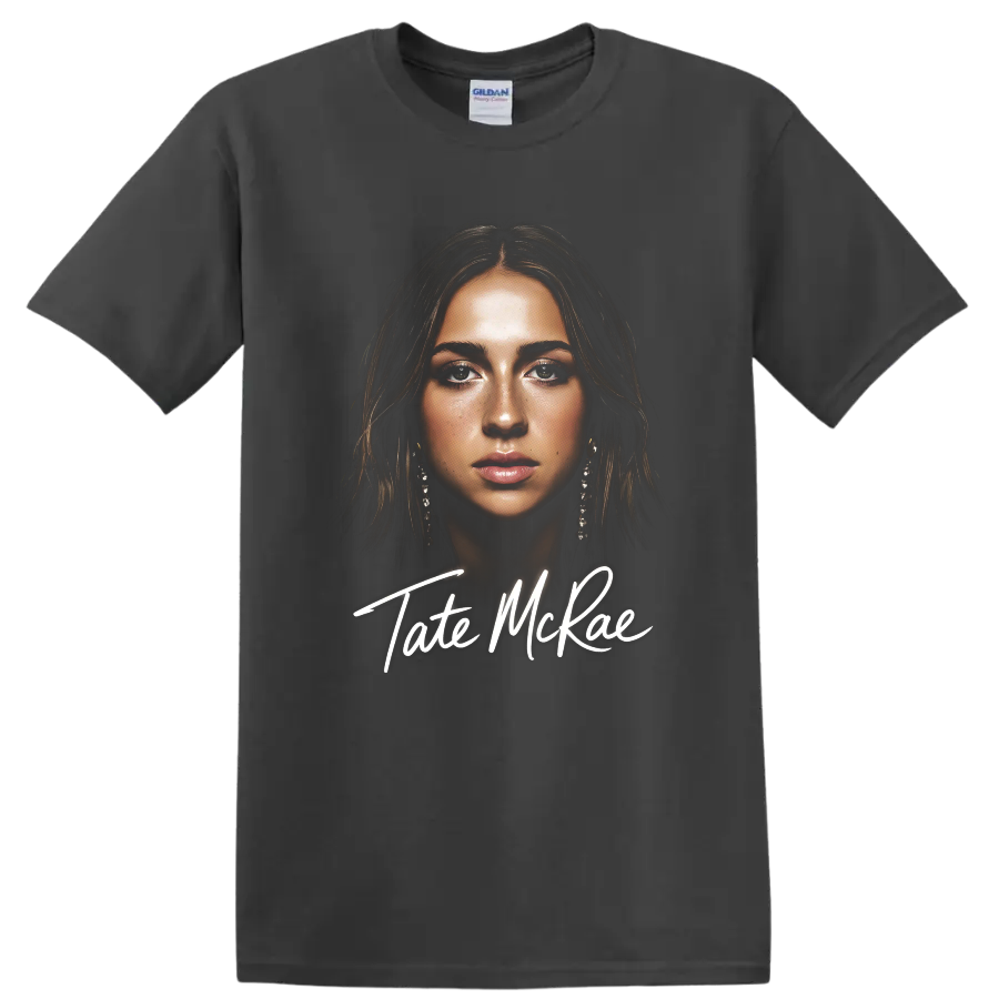 Tate McRae portrait digital fan art with white script lettering on a Charcoal T Shirt
