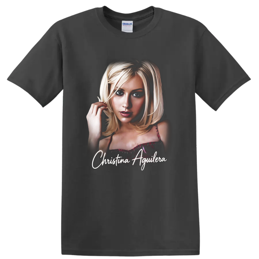 Christina Aguilera portrait autograph poster graphic with name text on a Charcoal T Shirt