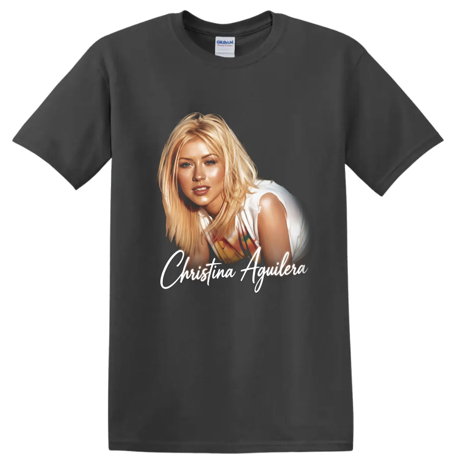 Christina Aguilera signed pop-art portrait with white script lettering on a Charcoal T Shirt