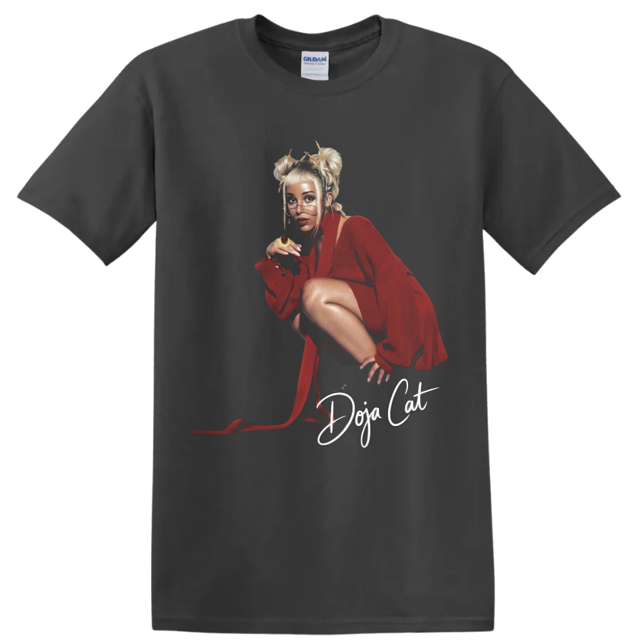 Doja Cat red pop star portrait fan art with white script lettering on a Charcoal T Shirt