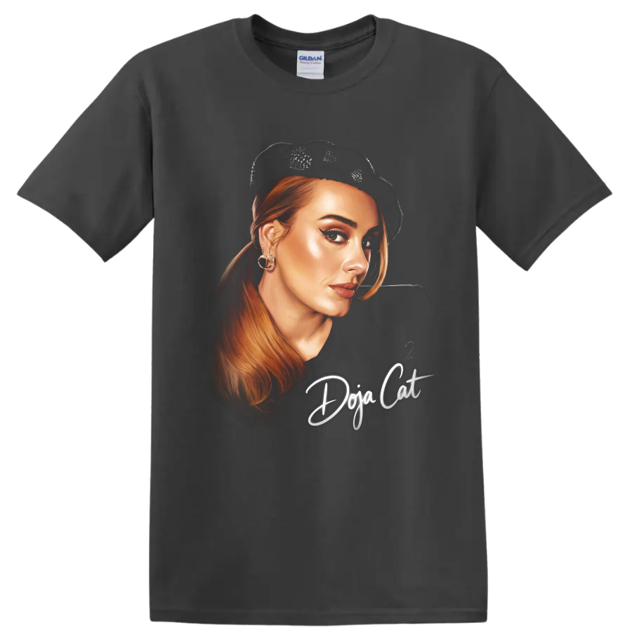 Doja Cat digital portrait with red hair, black beret, and script lettering on a Charcoal T Shirt