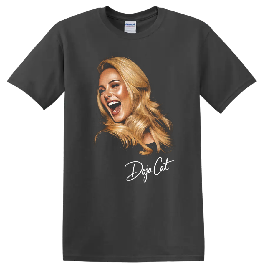 Doja Cat digital portrait with blonde hair and handwritten name lettering on a Charcoal T Shirt
