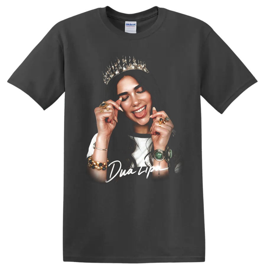 Dua Lipa crowned artistic portrait with jewelry and bold script on a Charcoal T Shirt