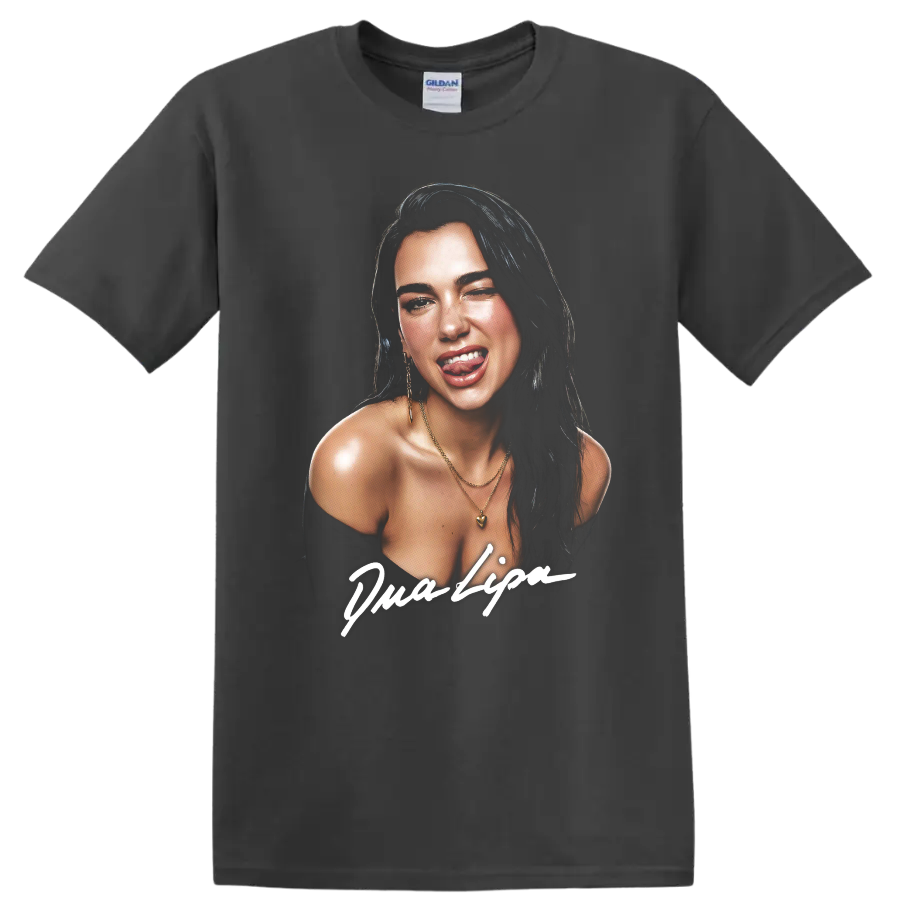 Dua Lipa digital art portrait with bold white script lettering on a Charcoal T Shirt