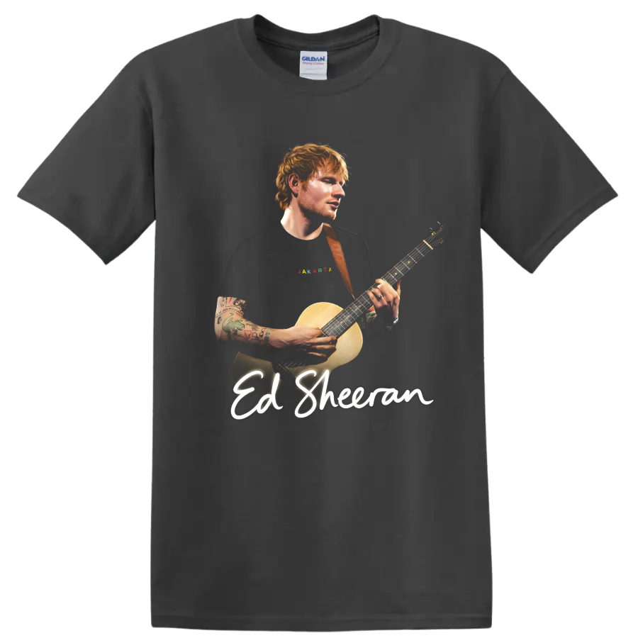 Ed Sheeran playing acoustic guitar with script name lettering on a Charcoal T Shirt