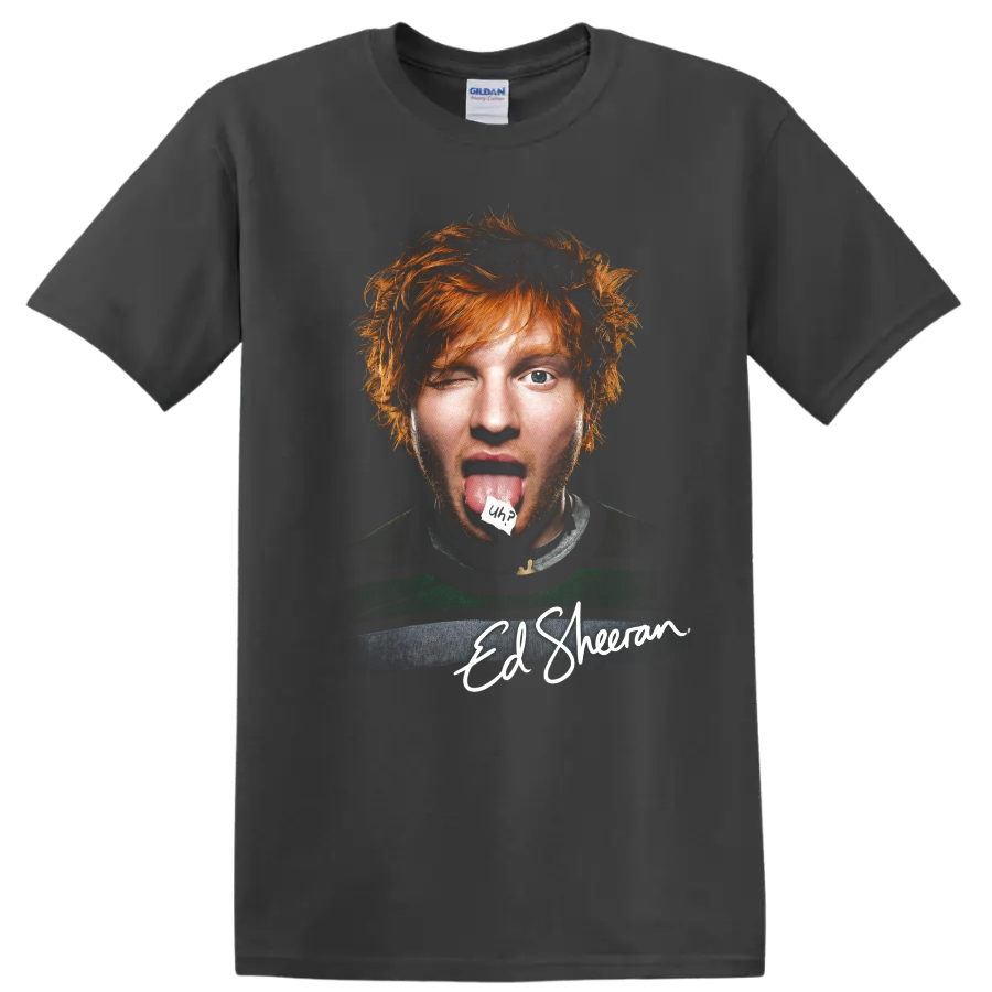 Ed Sheeran mixed-media portrait with signature-style name graphic on a Charcoal T Shirt