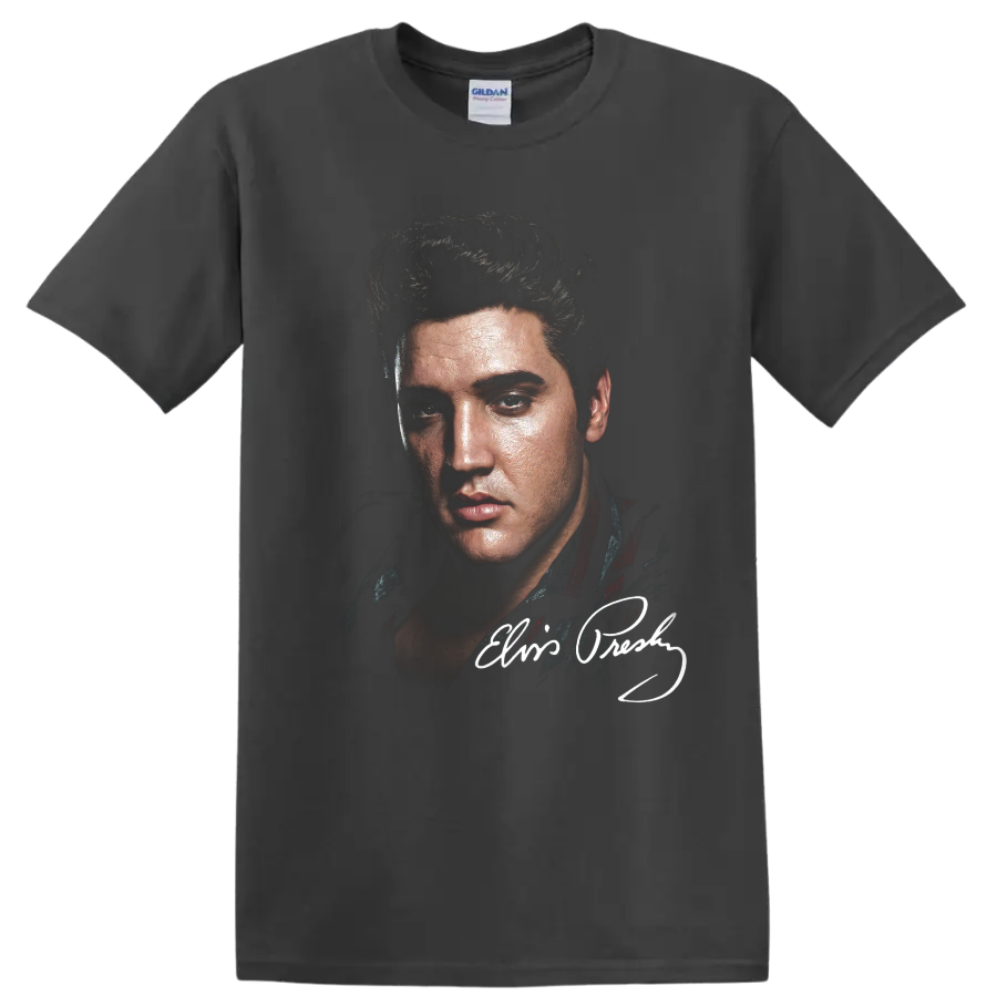 Elvis Presley vintage pencil-style portrait with signature accent on a Charcoal T Shirt