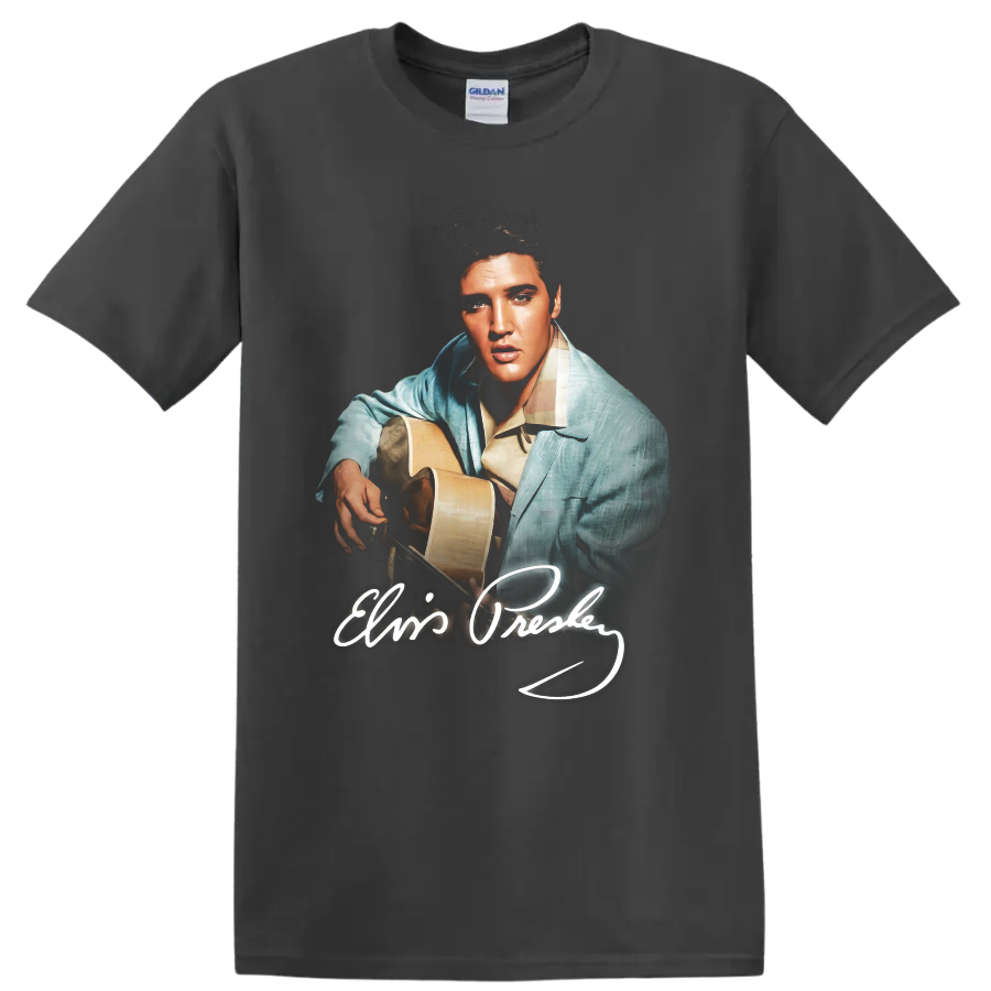 Elvis Presley guitar portrait pop-art design with signature on a Charcoal T Shirt
