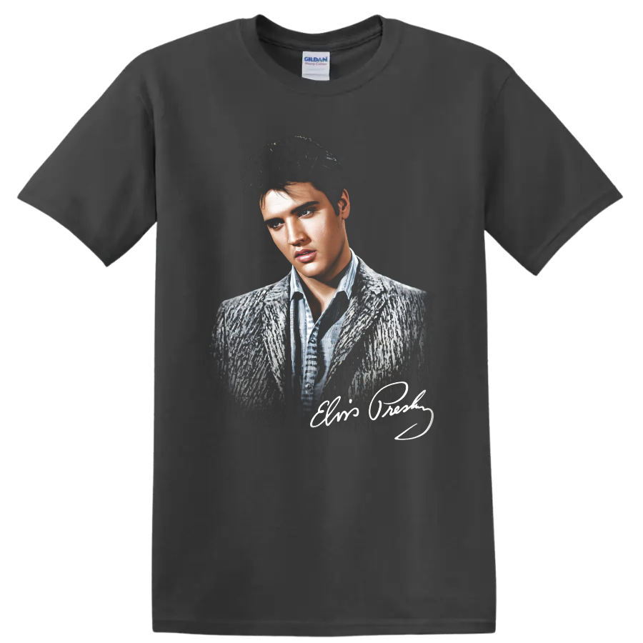 Monochrome Elvis Presley portrait with signature-style graphic on a Charcoal T Shirt