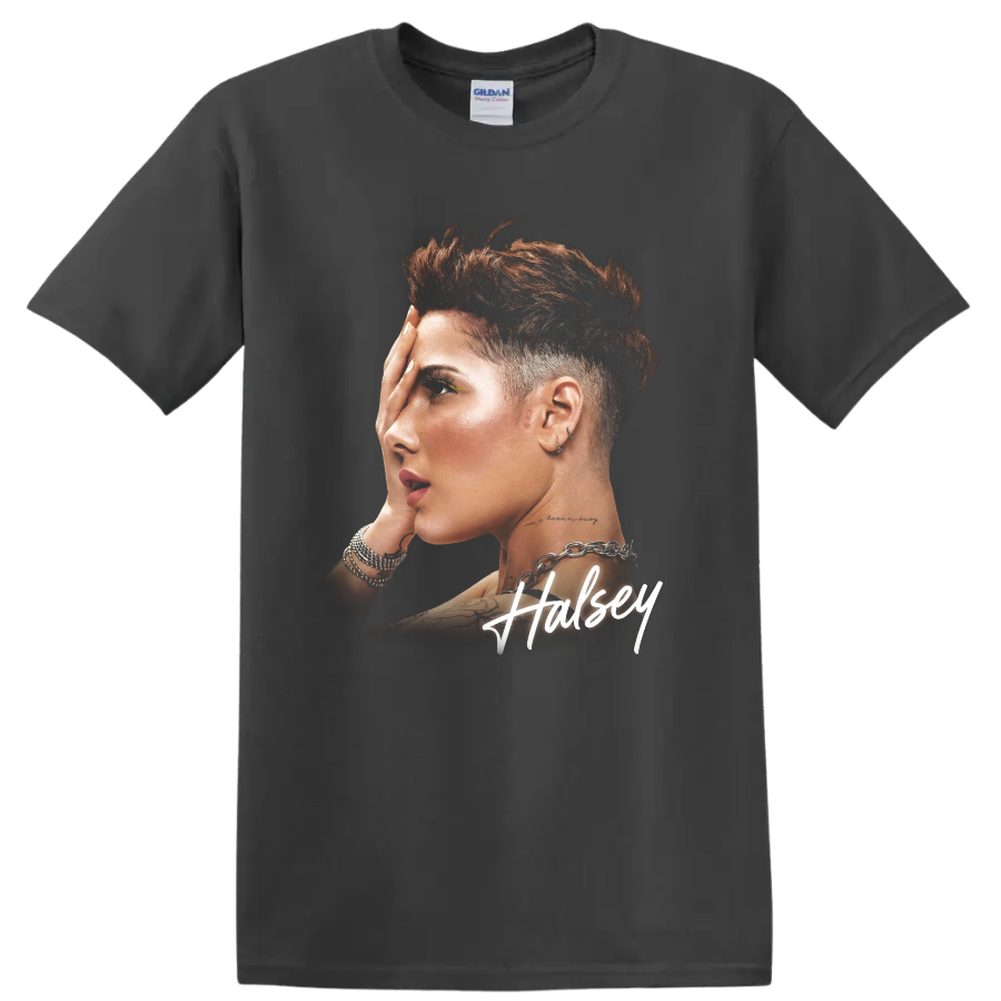 Halsey singer portrait graphic print with white signature lettering on a Charcoal T Shirt