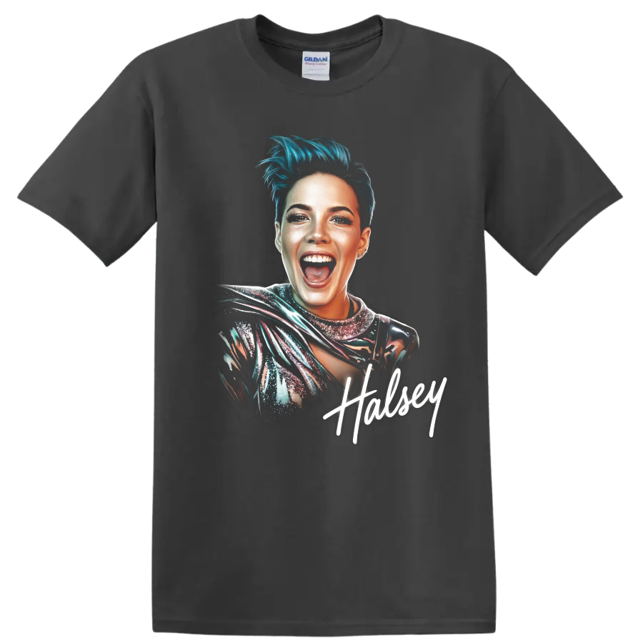 Halsey pop-art portrait with teal hair and handwritten signature on a Charcoal T Shirt