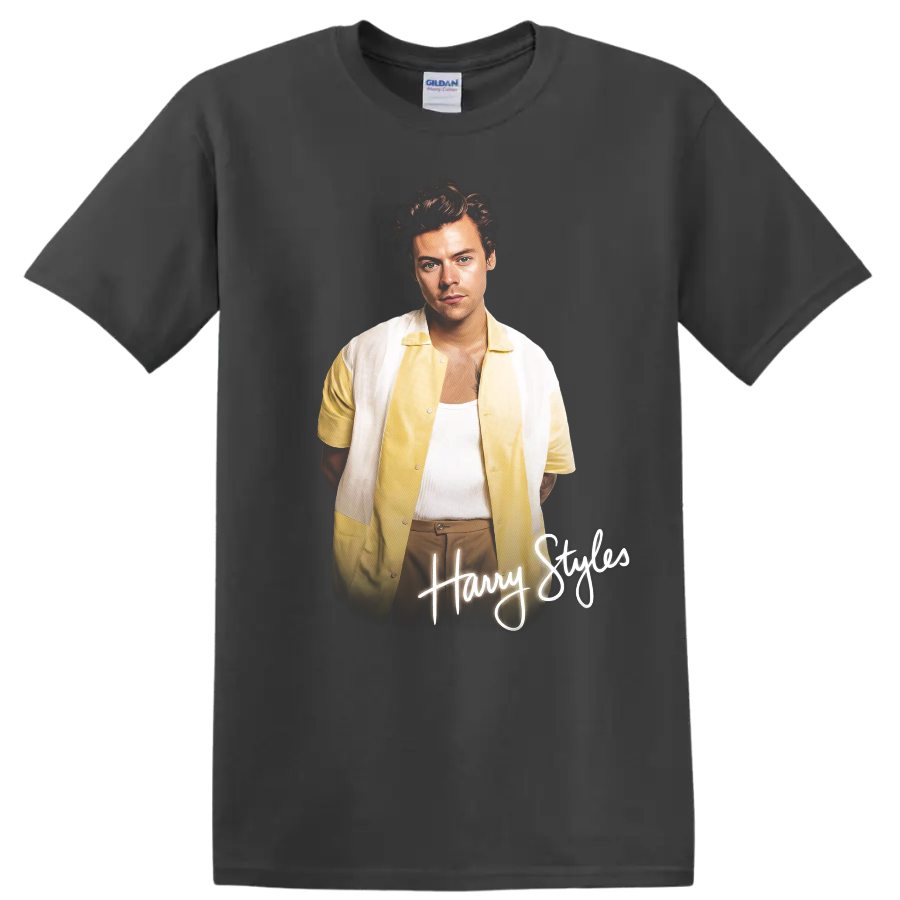 Harry Styles portrait with handwritten Harry Styles lettering on a Charcoal T Shirt
