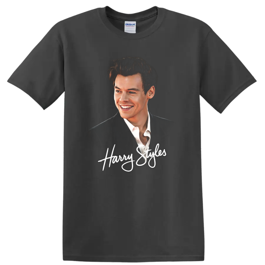 Harry Styles watercolor-style portrait with white script lettering on a Charcoal T Shirt