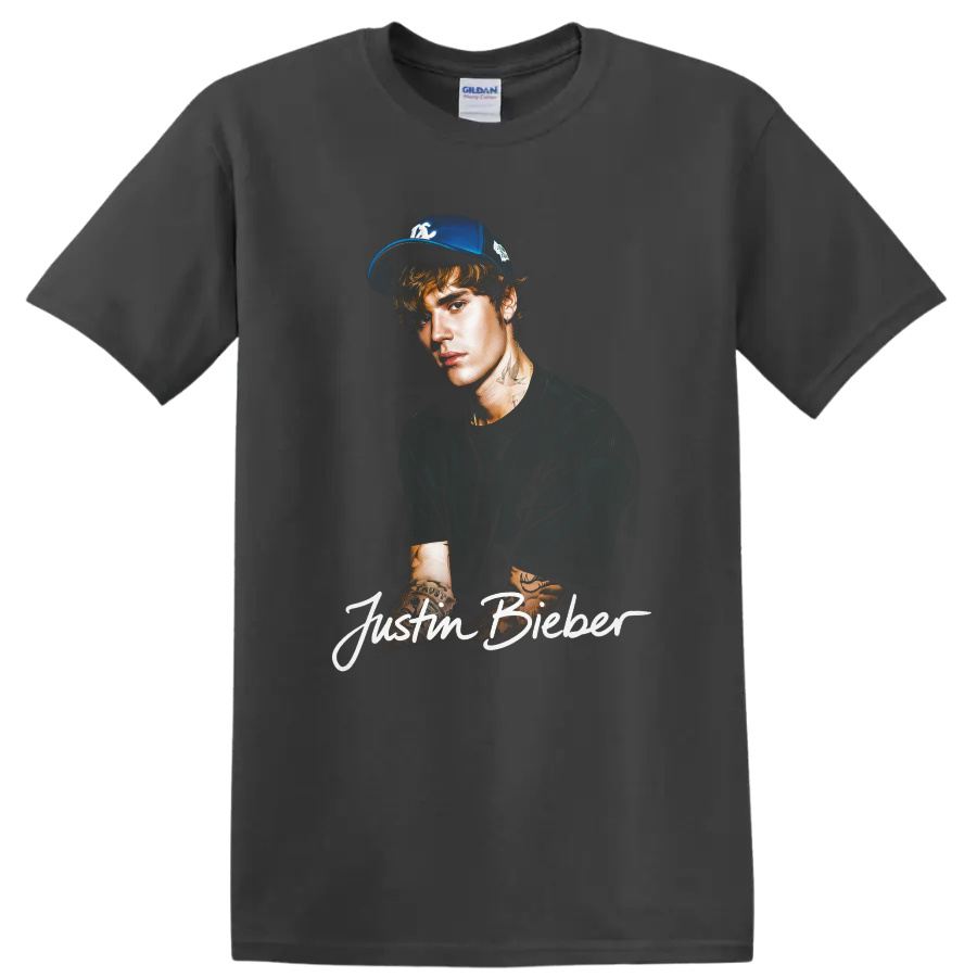 Justin Bieber portrait fan-art sketch with script lettering on a Charcoal T Shirt