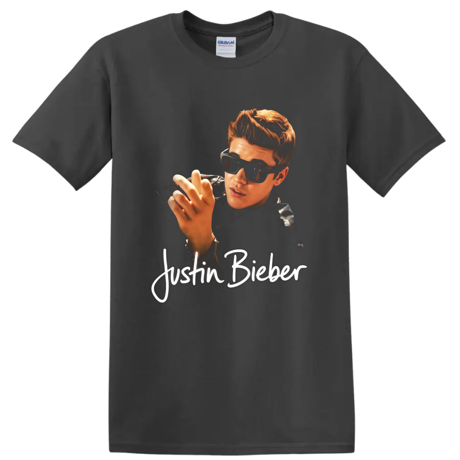 Justin Bieber portrait graphic with sunglasses and white script text on a Charcoal T Shirt