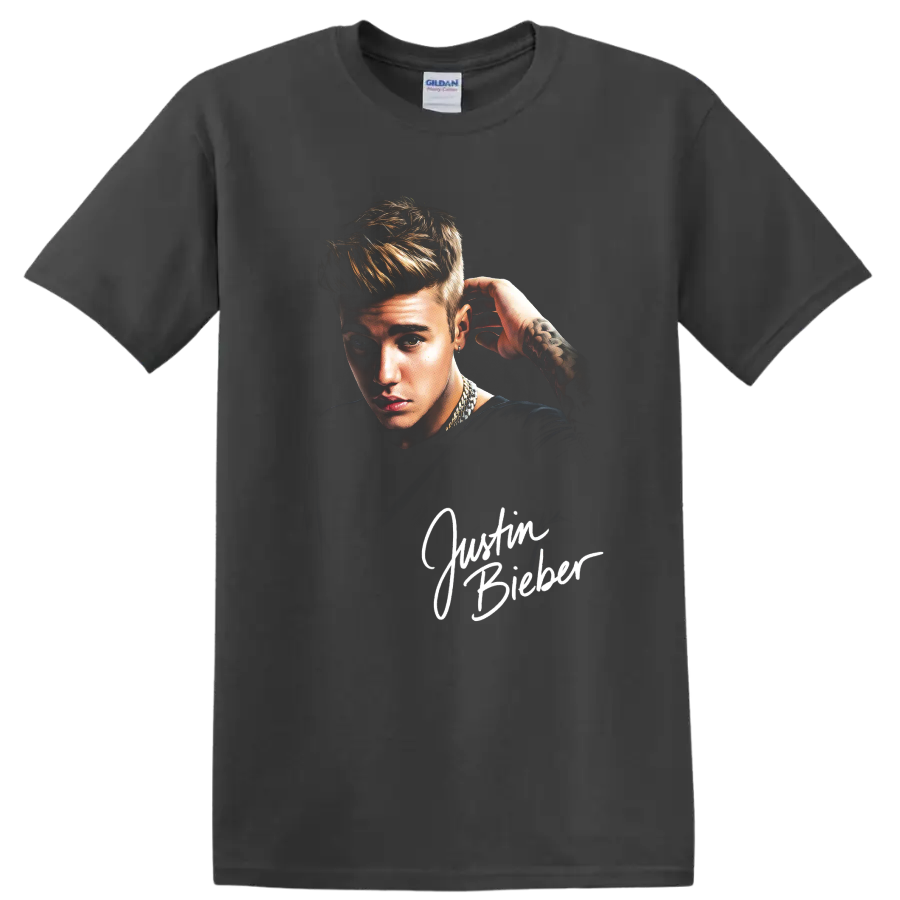 Justin Bieber portrait in pencil-drawing fan-art style on a Charcoal T Shirt