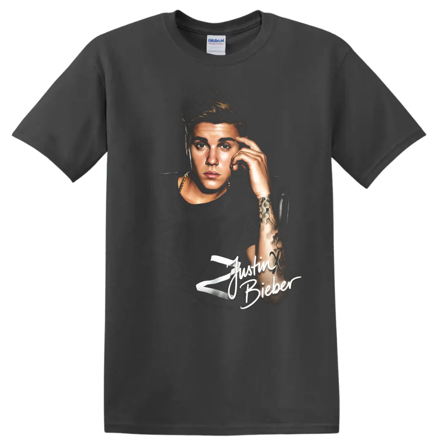 Justin Bieber portrait graphic with white signature-style text on a Charcoal T Shirt