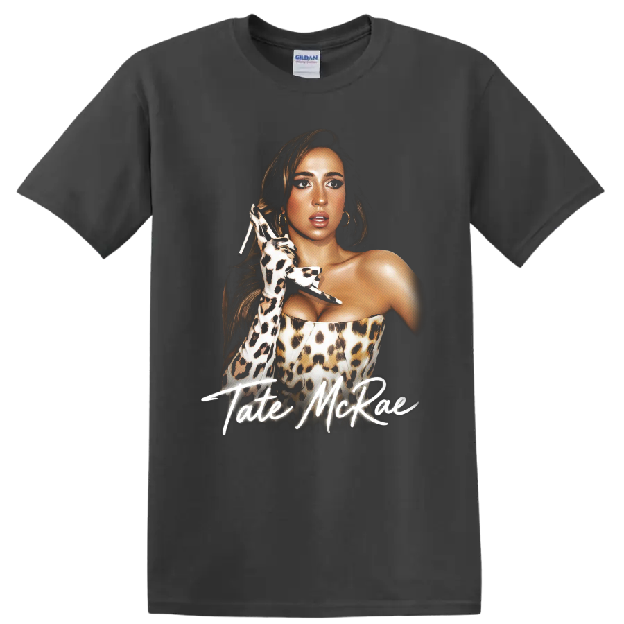 Tate McRae leopard-print pop artist portrait with handwritten name on a Charcoal T Shirt