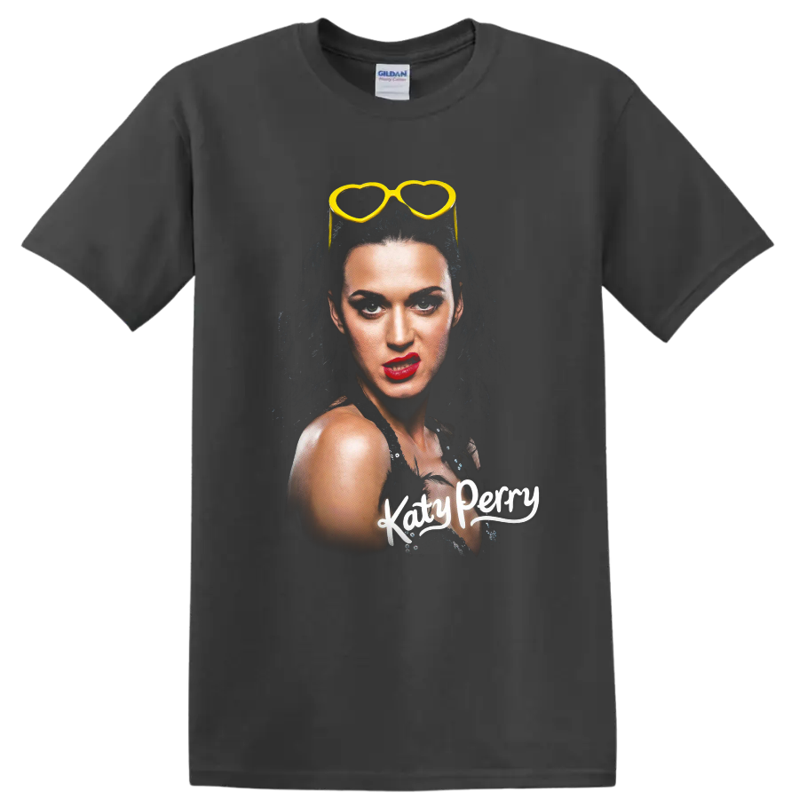Katy Perry portrait graphic with yellow heart-shaped sunglasses on a Charcoal T Shirt