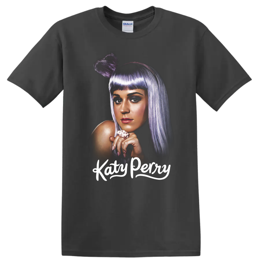 Stylized Katy Perry portrait with purple hair and white Katy Perry text on a Charcoal T Shirt