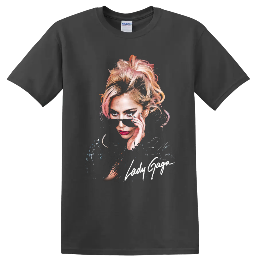 Lady Gaga pop-art portrait with handwritten Lady Gaga lettering on a Charcoal T Shirt